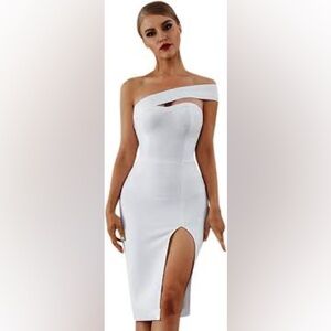White One Shoulder Asymmetrical Slit Dress